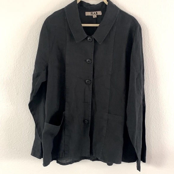 Flax 100% Linen Lagenlook Jacket/ Blouse/ Blazer Size S Black Button Down Shirt - Picture 7 of 12